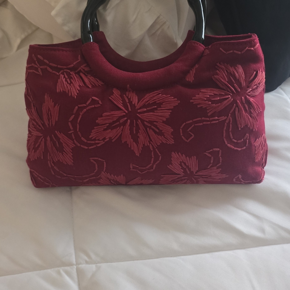 Forever 21 Red Floral Clutch with Black Handles